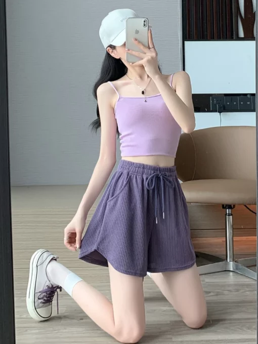 Women Sports Five Quarter Pants High Waist Ice Silk Shorts Summer Thin A-Line Wide Leg Hot Pants Casual Versatile Loose Shorts - Image 10