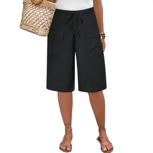 Plus Size 1XL-5XL New Women's Casual Five-point Shorts Pocket Fake Drawstring Women Clothing Beach Shorts - Image 2
