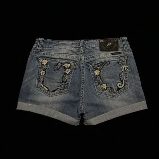 Stylish Women Denim Short Intricate Cross Embroidery Studded Details High Quality Blue Wash Perfect Casual Trendy Summer Outfits - Image 3