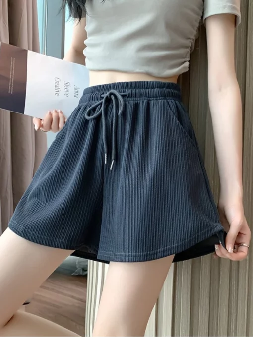 Women Sports Five Quarter Pants High Waist Ice Silk Shorts Summer Thin A-Line Wide Leg Hot Pants Casual Versatile Loose Shorts - Image 2