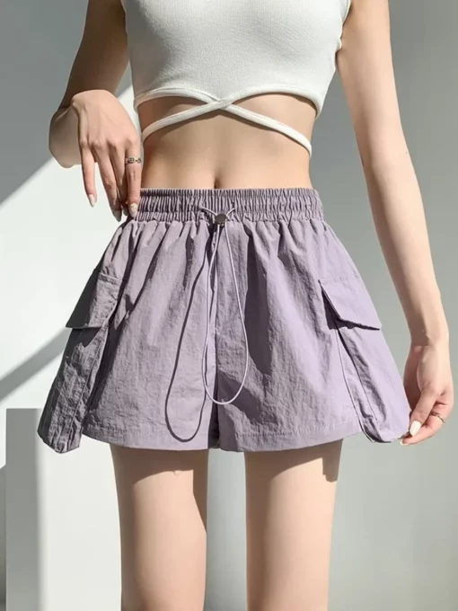 With Waist Pocket Elastic Women's Shorts High Wide Hot 2000s Clothes Y2k Trend 2025 Japanese Style Comfy Kpop Female Short Pants