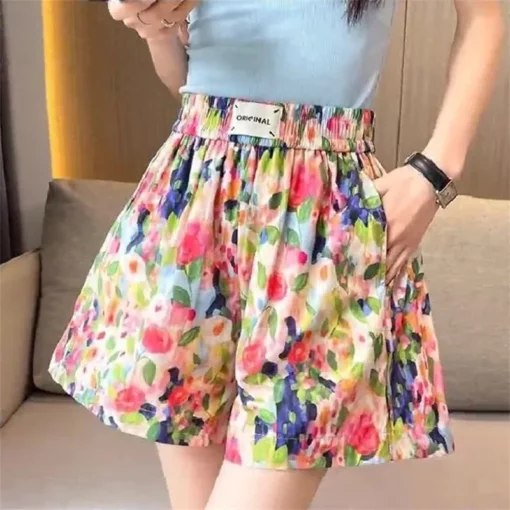 Summer Oil Painting Floral Shorts for Women Casual Wide Leg Shorts Large Siz Loose Floral Print Shorts Elastic Band Casual Pants