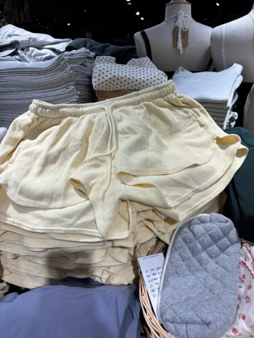 New Yellow Waffle Casual Sweatshorts Women Summer Cotton High Waist Summer Shorts Casual Solid Sweet Drawstring Sports Shorts - Image 5
