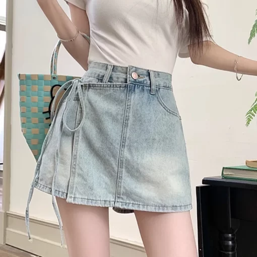 Women High Waist A-line Denim Shorts Korean Style Female Irregular Fake Two Pieces Short Pants Solid Color Summer Retro Clothing - Image 4