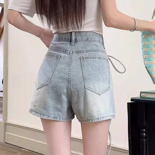 Women High Waist A-line Denim Shorts Korean Style Female Irregular Fake Two Pieces Short Pants Solid Color Summer Retro Clothing - Image 5