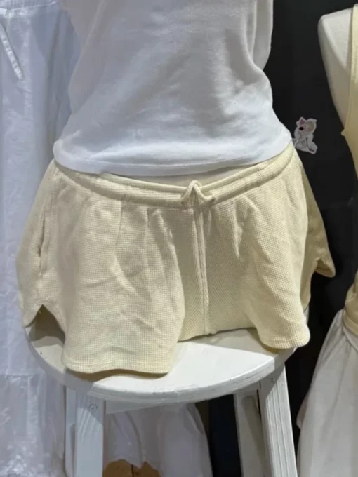 New Yellow Waffle Casual Sweatshorts Women Summer Cotton High Waist Summer Shorts Casual Solid Sweet Drawstring Sports Shorts