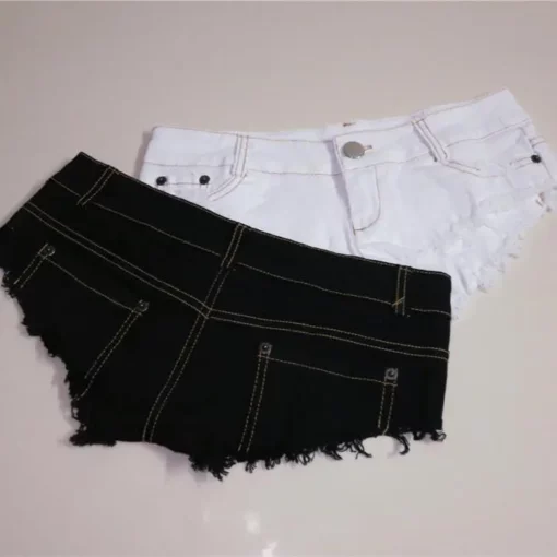 2025 Women's Summer New Pole Dance Low Waist Ultra Short Tight Denim Shorts Black And White - Image 2