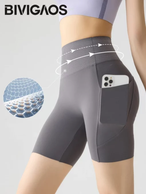 BIVIGAOS Summer Pocket High Waist Sharkskin Shorts Women Tight Butt Lifter Naked Feeling Sexy Sport Fitness Yoga Bicycle Shorts - Image 2