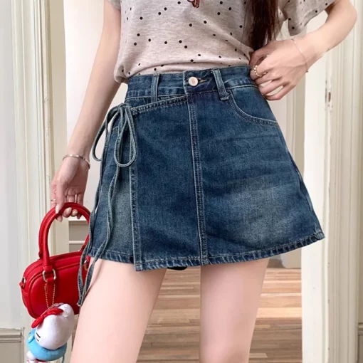 Women High Waist A-line Denim Shorts Korean Style Female Irregular Fake Two Pieces Short Pants Solid Color Summer Retro Clothing