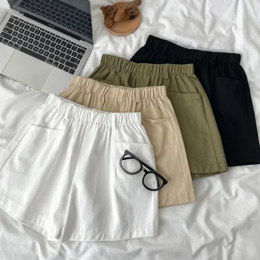 Women's Summer Loose Fit Elastic Waist Casual Sports Shorts High Waist Wide Leg Short Pants Korean Style Solid Color Half Pants - Image 2