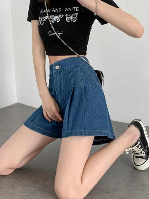 2025 Summer Loose Denim Shorts For Women High Waist Pleated Mini Short Female A Line Wide Leg Casual Shorts Y2k - Image 6