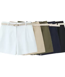 Women's 2025 New Fashion With Belt Loose Casual Versatile Pleated Shorts Retro High Waist Side Pocket Women's Shorts