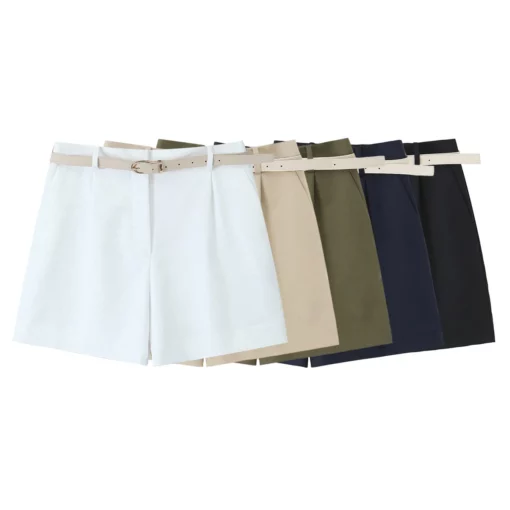 Women's 2025 New Fashion With Belt Loose Casual Versatile Pleated Shorts Retro High Waist Side Pocket Women's Shorts
