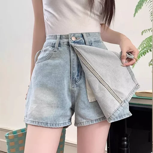 Women High Waist A-line Denim Shorts Korean Style Female Irregular Fake Two Pieces Short Pants Solid Color Summer Retro Clothing - Image 2
